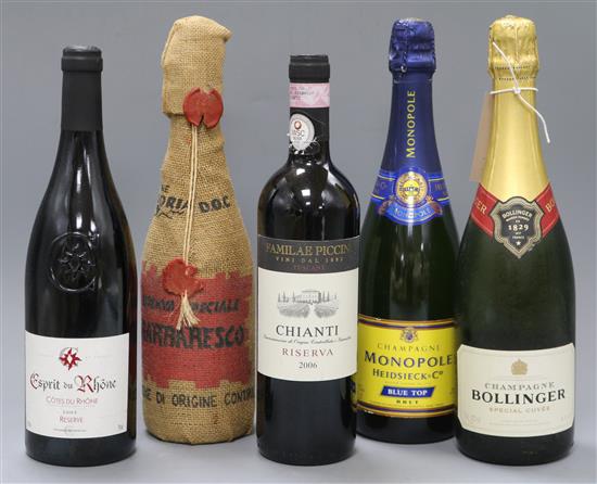 A bottle of 1979 Barraresco Esprit du Rhone 2005 , Chianti Riserva 2006, Bollinger and Monopole Champagne